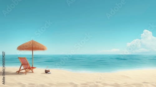 Beach Chair and Umbrella on Sandy Shore with Calm Ocean © Sippung