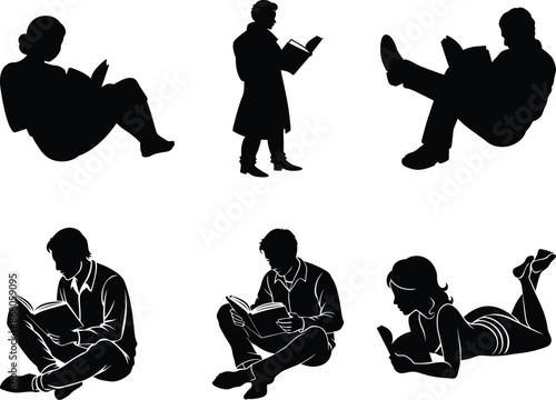 set of man reading book silhouette illustration, Woman reading book silhouettes set, People reading newspaper and book collection
