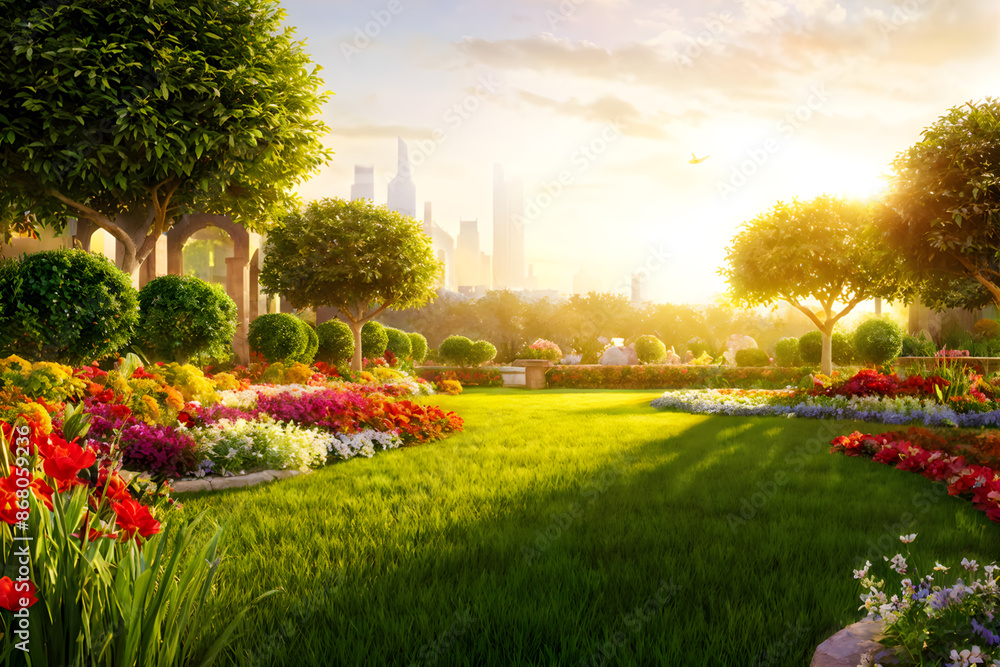 Obraz premium Golden-hour glow over an garden oasis against a city backdrop