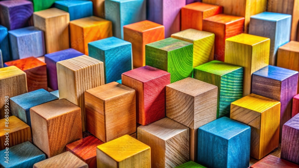 Vibrant wooden blocks of varied shapes and hues arranged harmoniously, symbolizing unity in diversity and celebration of individual differences. Vibrant wooden blocks of varied shapes and hues arranged harmoniously, symbolizing unity in diversity and celebration of individual differences.