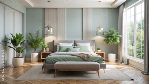 Soothing, uncluttered room with a serene palette, featuring a sleek bed, minimalist decor, and ample natural light pouring in.