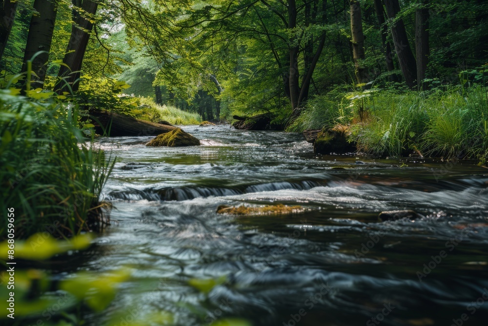 Obraz premium Flowing Creek Through Lush Forest