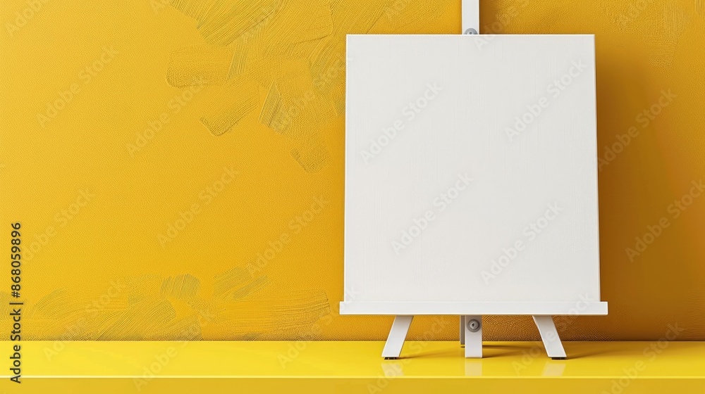 Blank canvas on table with easel yellow wall in background Blank canvas on table with easel yellow wall in background