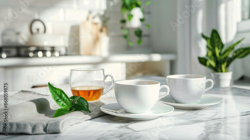 Wallpaper Mural a tea set on a marble countertop, a white teapot with two cups of tea Torontodigital.ca