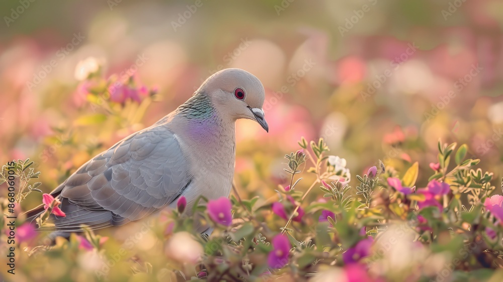 Pigeon standing on grass with pink flowers in the background, sunlight illuminating the scene Pigeon standing on grass with pink flowers in the background, sunlight illuminating the scene