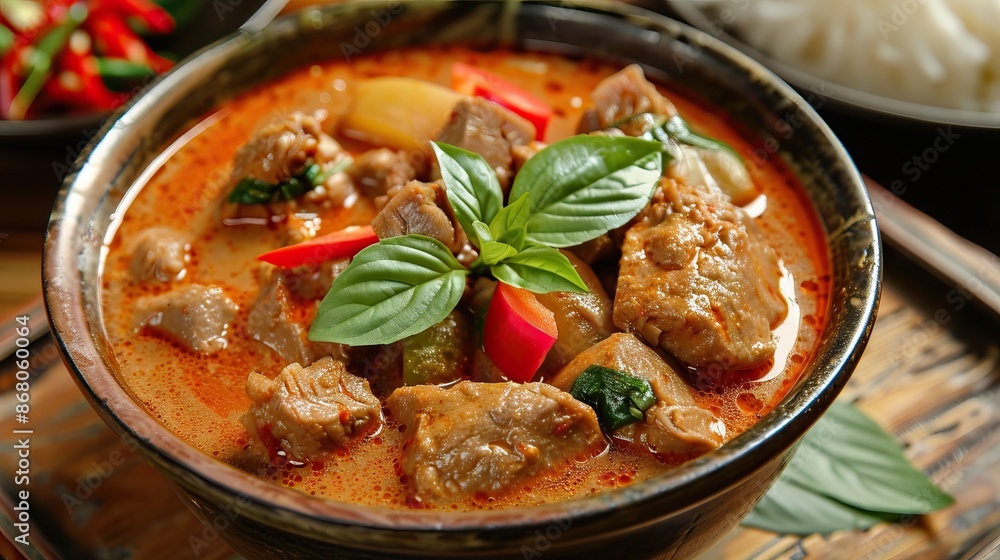 Thai red curry with chunks of chicken, fresh basil leaves, and red chili peppers in a brown bowl on a wooden table Thai red curry with chunks of chicken, fresh basil leaves, and red chili peppers in a brown bowl on a wooden table