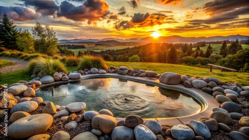 Serenene sunset scenery featuring a peaceful hot tub surrounded by smooth stones amidst a tranquil natural landscape setting peacefully.