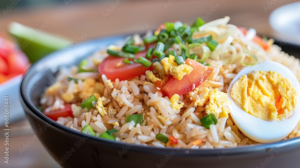 Thai fried rice with vegetables and a boiled egg, garnished with green herbs in a white ceramic bowl Thai fried rice with vegetables and a boiled egg, garnished with green herbs in a white ceramic bowl