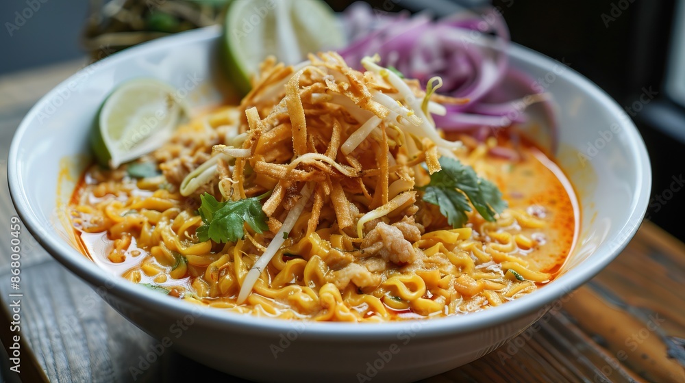 Thai spicy noodle soup with chicken, lime, and red onions in a white ceramic bowl on a wooden table Thai spicy noodle soup with chicken, lime, and red onions in a white ceramic bowl on a wooden table