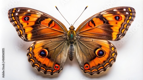 Isolated Junonia rhadama butterfly with striking orange and black wings, perched on a clean, white, studio-lit background, showcasing its intricate details. photo