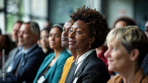 Diverse group of people smiling and applauding in a business meeting setting