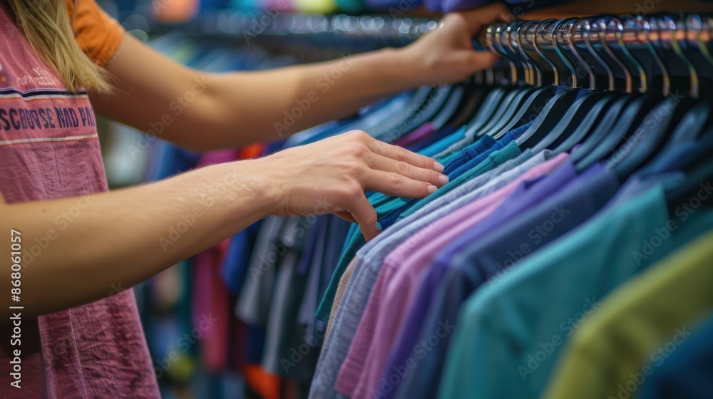 A woman selects an affordable and trendy cotton shirt from a t-shirt rack at a thrift store. A woman selects an affordable and trendy cotton shirt from a t-shirt rack at a thrift store.