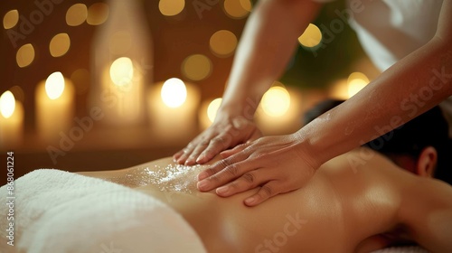 Wallpaper Mural Serene massage therapy session with warm candlelight ambiance, Therapist's hands massaging client's back Torontodigital.ca