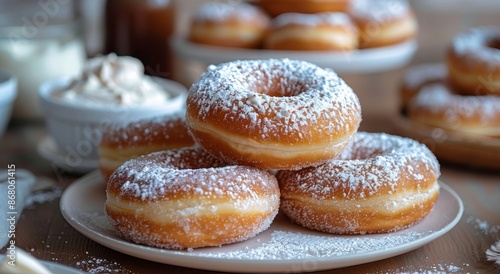 Stack of Glazed Doughnuts With Powdered Sugar on a White Plate