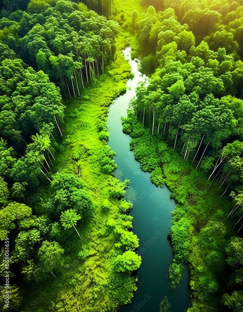 Obraz premium rivière ou fleuve au milieu d'une forêt dense et sauvage vue du ciel en ia