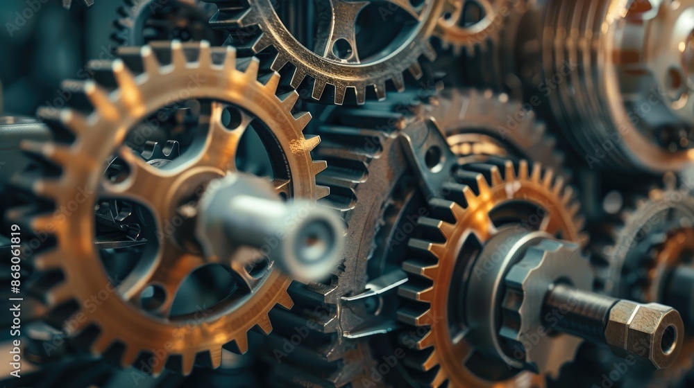 Close-up of metal gears and cogs in a mechanical system Close-up of metal gears and cogs in a mechanical system