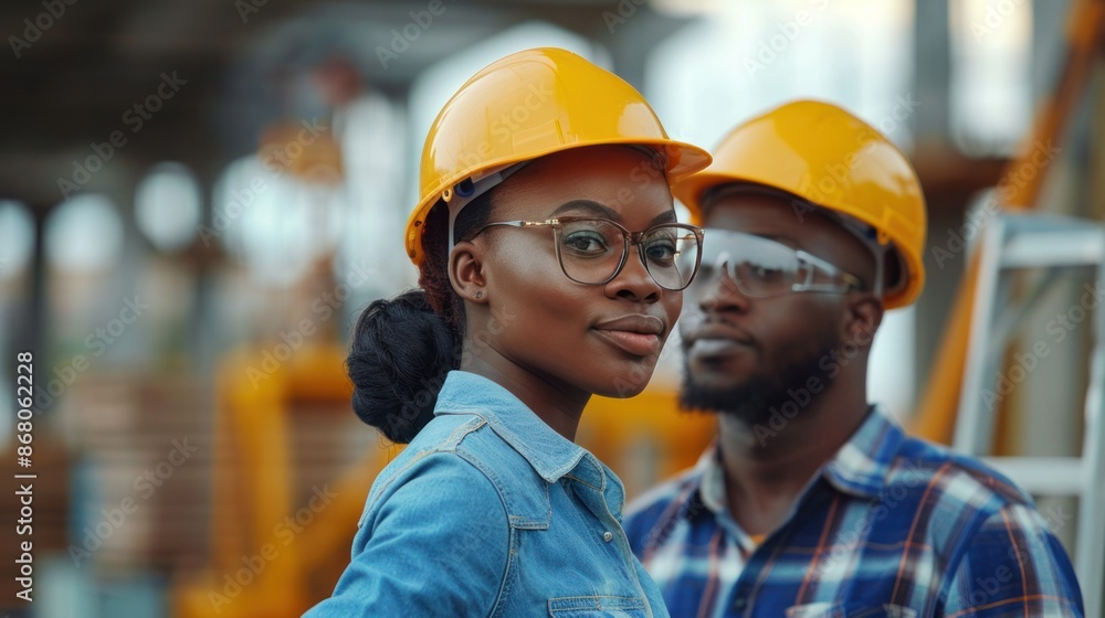 Construction site scene with a diverse team of engineers and contractors, strategizing for building projects. Black women and men contributing to architectural development. Construction site scene with a diverse team of engineers and contractors, strategizing for building projects. Black women and men contributing to architectural development.