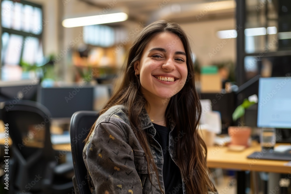Smiling Young Woman In Office Setting Smiling Young Woman In Office Setting
