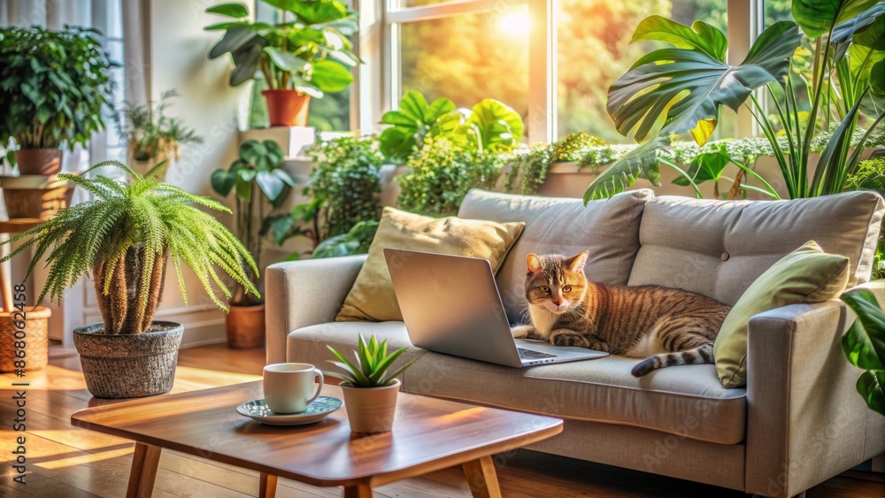 Fototapeta premium Cozy living room setup with laptop, notebook, and cat lounging on couch, surrounded by plants and warm natural light atmosphere.