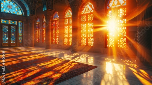 Window Patterns: banner background of Mosque Day theme banner design for microstock, no text, and wide copy space, Window Patterns: Light streaming through the patterned windows of a mosque, 