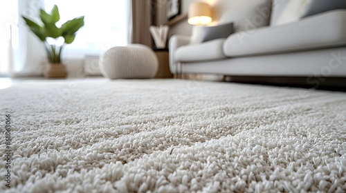 A clean, fluffy carpet in the living room of an apartment. The focus is on the plush texture and softness of the white rug with visible threads.