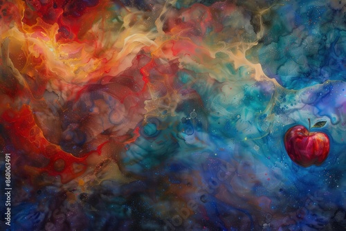 Abstract Acrylic Ink Painting With Vibrant Colors and Apple