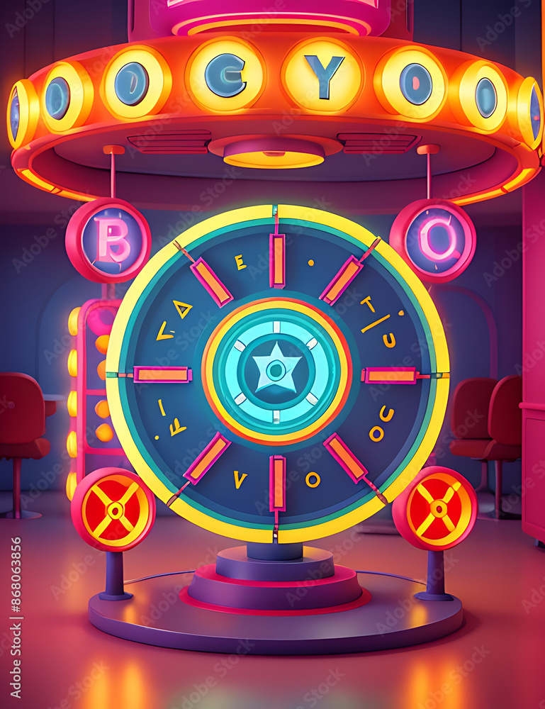 Circular podium blending retro charm with futuristic elements. Vintage shapes, neon accents. Dynamic lighting, retro-futuristic ambiance, ample text space.
