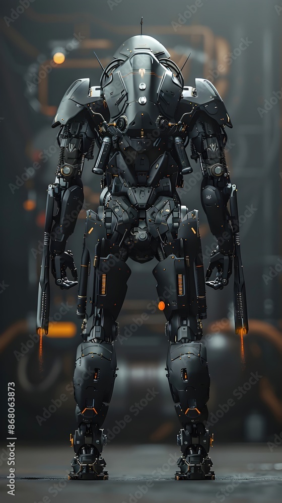 Fototapeta premium Powerful Cyber Mech With Expansive Mechanical Wings and Combat-Oriented Frame Poised in Readied Stance