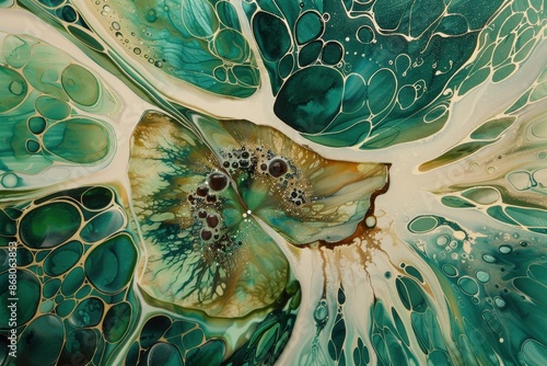 Abstract Acrylic Ink Painting with Green Organic Shapes