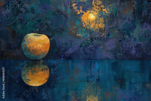 Abstract Acrylic Ink Painting of Apple with Reflection