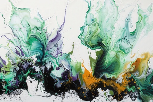 Abstract Acrylic Ink Painting with Green and Yellow Swirls