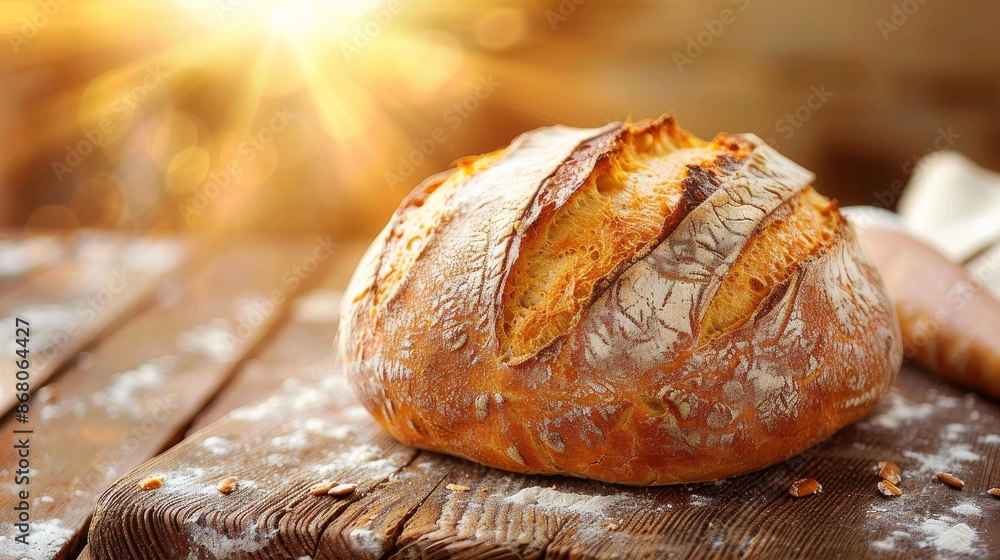 Freshly baked artisan bread on rustic wooden table with sunlight Freshly baked artisan bread on rustic wooden table with sunlight
