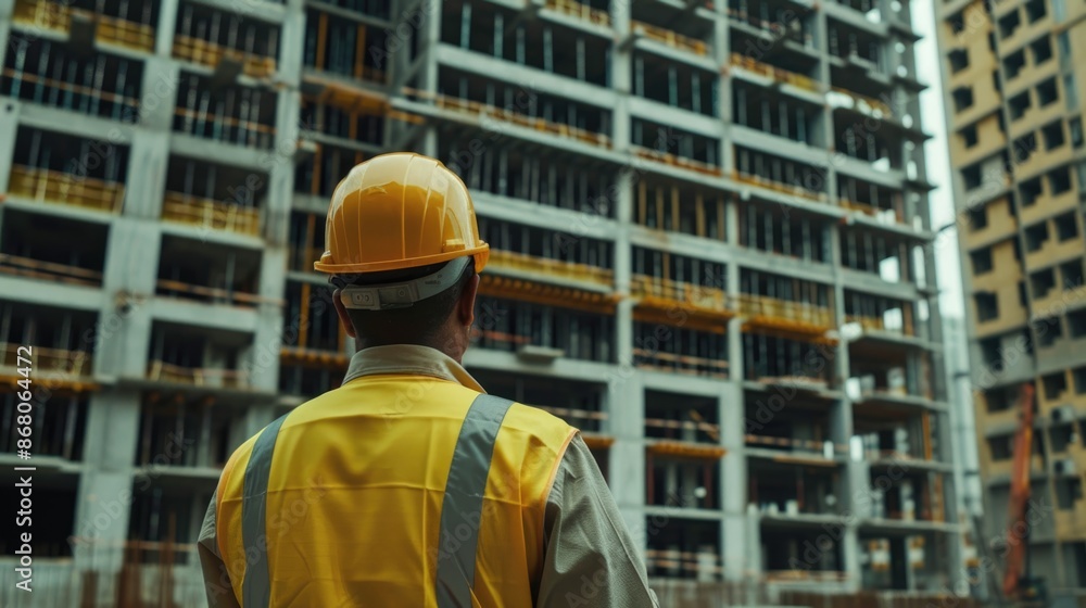 Back view of construction engineer in standard safety looking at the building in the construction site Back view of construction engineer in standard safety looking at the building in the construction site