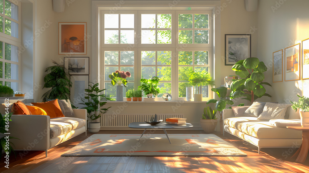 Living room with Cozy grey sofa in a loft style interior with potted plants, Cozy bright room, carpet. Living room with Cozy grey sofa in a loft style interior with potted plants, Cozy bright room, carpet.