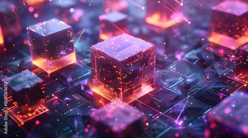 A digital illustration of glowing cubes representing blocks in the blockchain network, set against an abstract background with purple and blue hues. 