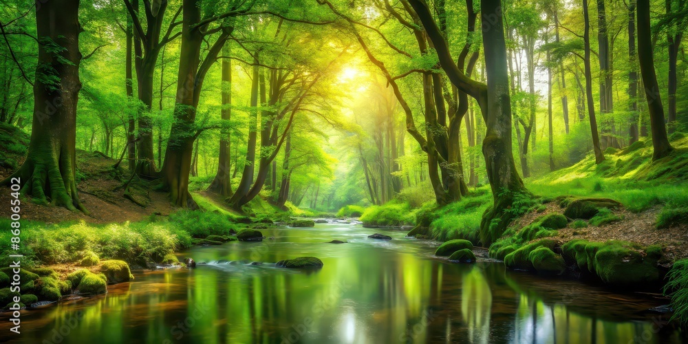 Obraz premium Tranquil forest with lush green trees and babbling stream flowing through , Nature, beauty, peaceful, serene, landscape