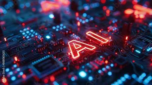 The image features a circuit board with a glowing "AI" sign on it. 