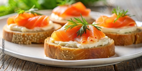 Closeup of a healthy salmon and cheese canape on a bread plate served as a gourmet appetizer , appetizer, canape, salmon, cheese