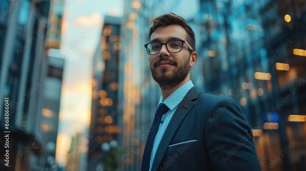 A man in a suit and glasses stands in front of a city skyline A man in a suit and glasses stands in front of a city skyline