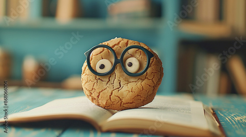Cookie with Glasses on Open Book in Cozy Library Setting, Smart Cookie 