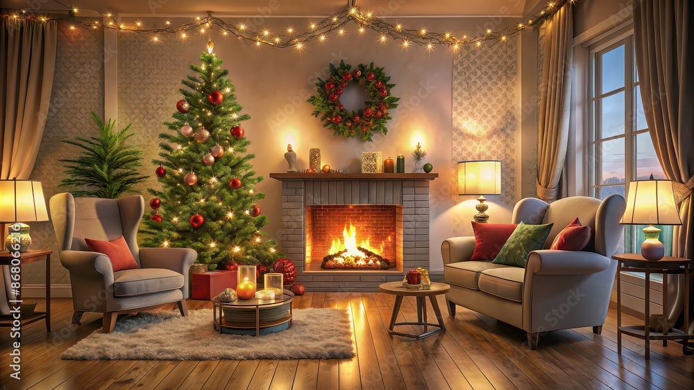 Cozy Christmas themed living room with a lit fireplace , cozy, Christmas, festive, decorations, fireplace Cozy Christmas themed living room with a lit fireplace , cozy, Christmas, festive, decorations, fireplace