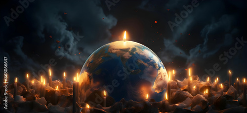 planet earth and a lot of burning candles behind it