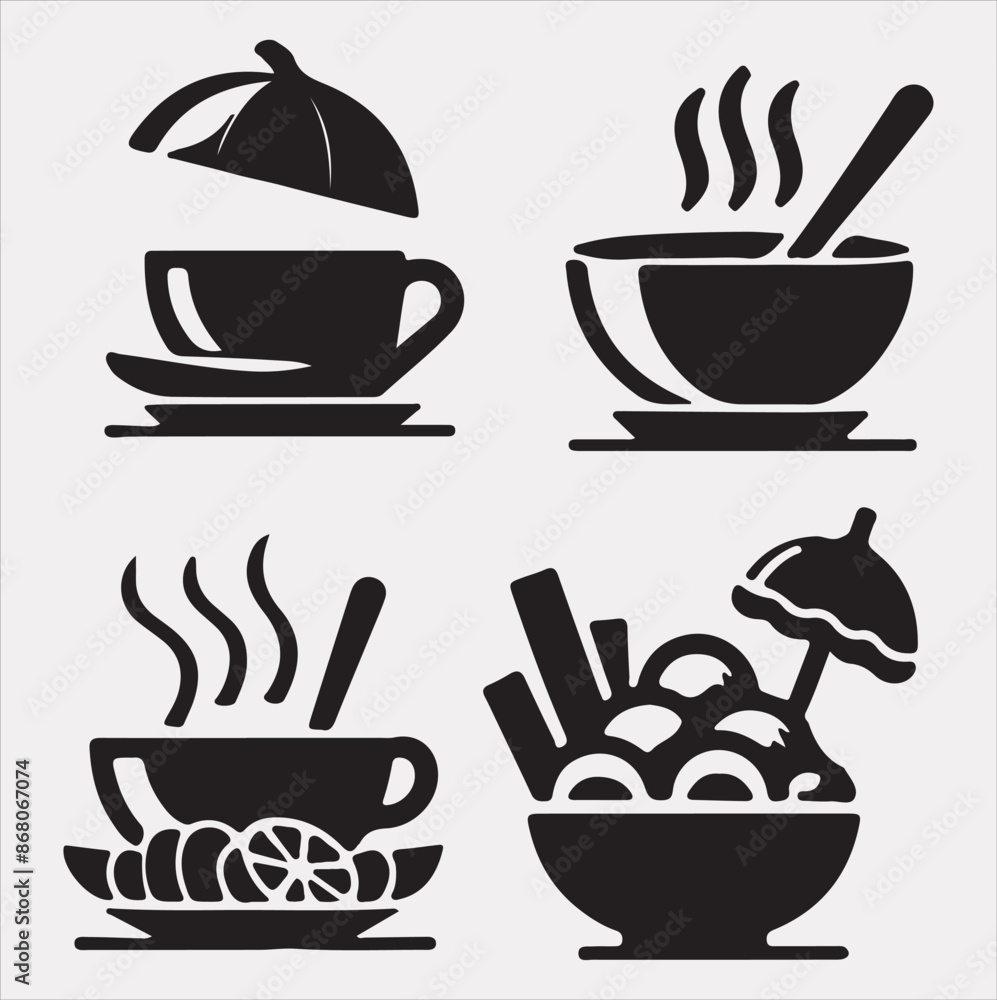 A Set of 4pcs food icon Silhouette vector Illustration with White Background A Set of 4pcs food icon Silhouette vector Illustration with White Background