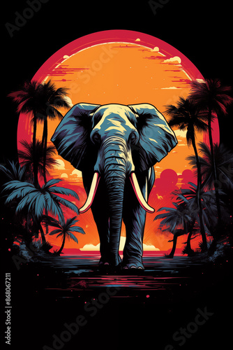 tshirt vector, elephant walking in front of sunset and palm trees, synthwave