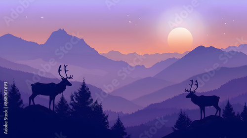 two wildlife reindeers on purple mountain landscape at sunrise vector illustration EPS10 © Sajawal