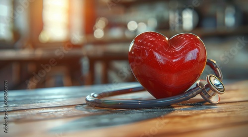 Red Heart Model and Stethoscope on Wooden Table