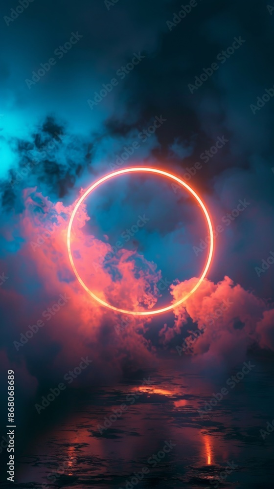 Glowing neon circle in foggy night sky reflected in water, futuristic abstract concept Glowing neon circle in foggy night sky reflected in water, futuristic abstract concept