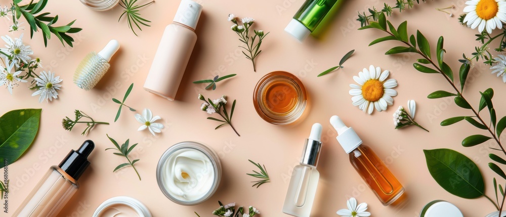Flat lay of beauty products including serums, creams, and oils, organized and stylish, must-have beauty items, and skincare essentials Flat lay of beauty products including serums, creams, and oils, organized and stylish, must-have beauty items, and skincare essentials