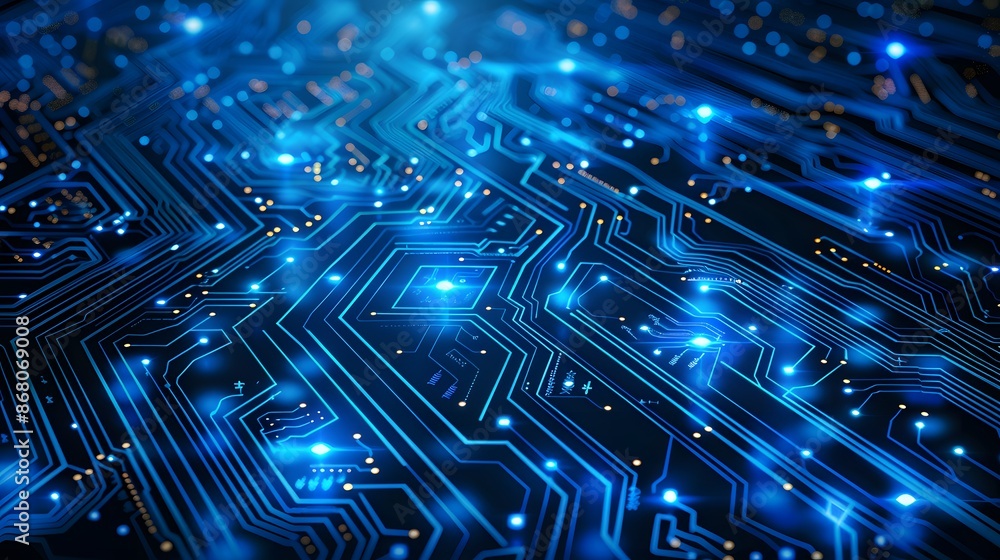 Obraz premium Abstract blue circuit board background with glowing lights and dots, symbolizing technology and digital design. High-tech futuristic pattern for web banner or presentation. copy space.