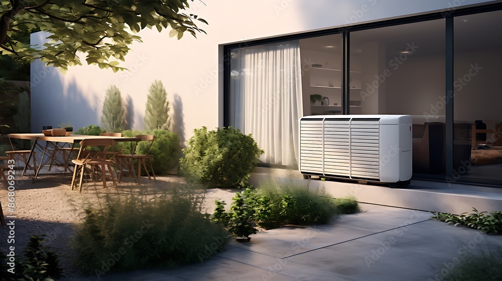 The image features a large, modern-looking air conditioning unit situated on a patio outside a house, unit is surrounded by a variety of plants and gravel The image features a large, modern-looking air conditioning unit situated on a patio outside a house, unit is surrounded by a variety of plants and gravel